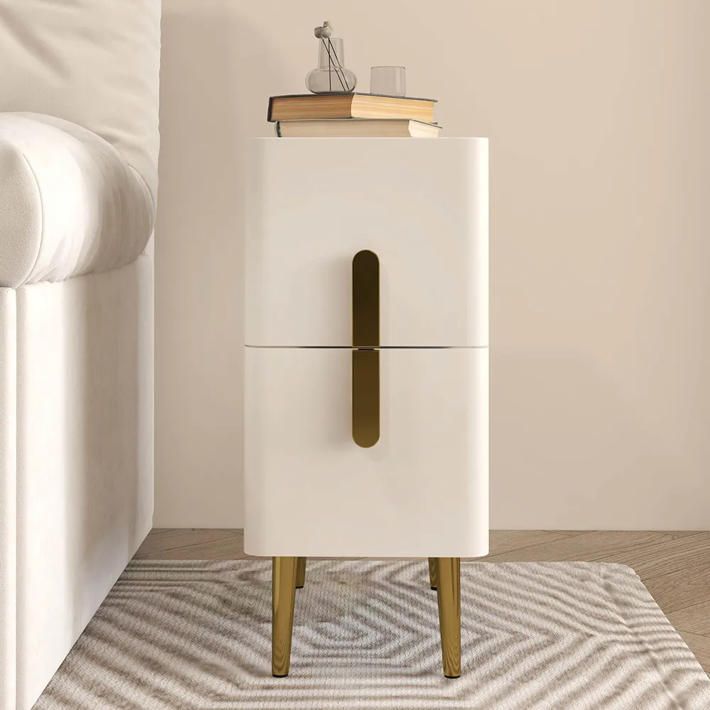 Inarrow Modern Beige Nightstand Bedside Table with 2 Drawers in Gold Legs — image 3