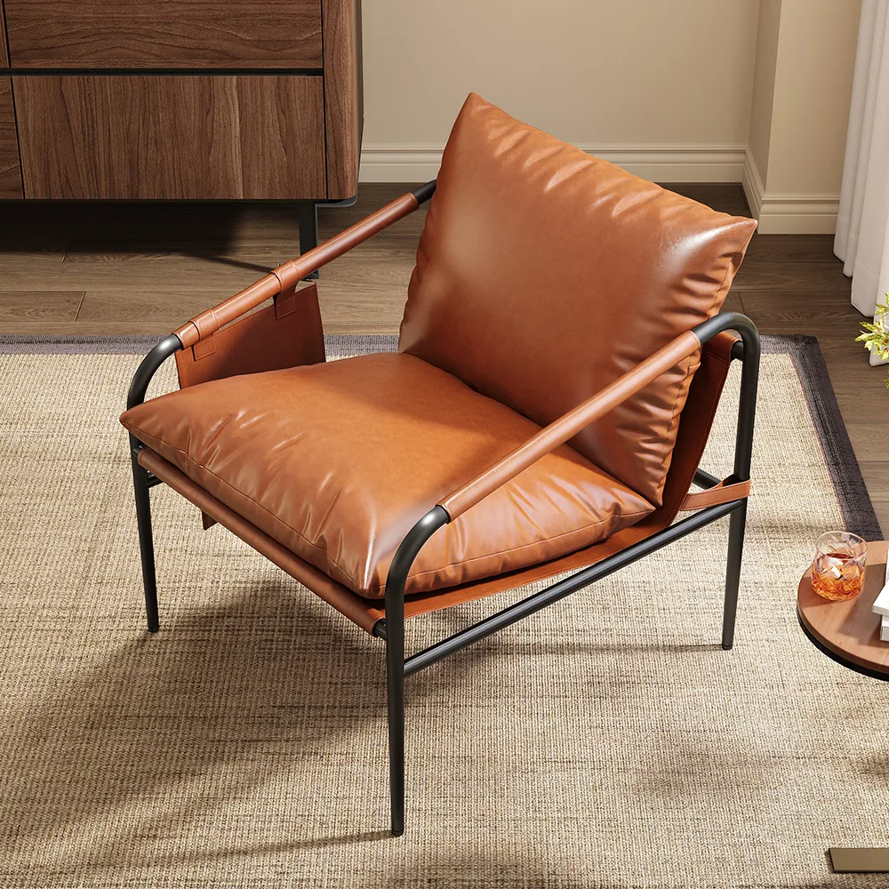Mid-Century PU Leather Accent Chair Armchair with Metal Leg in Black &