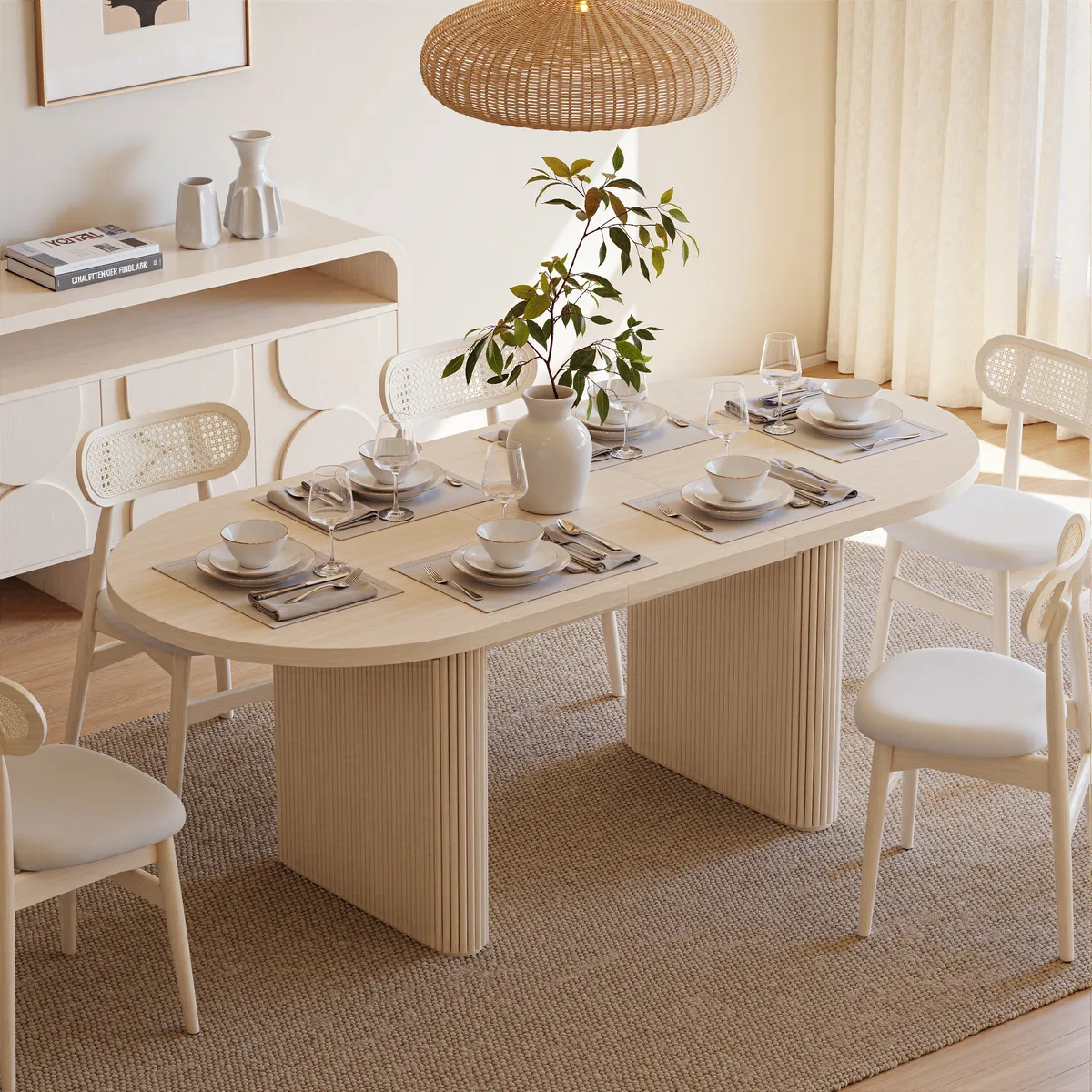 Japandi 79"-94" Oval Extendable Black Dining Table Butterfly Leaf 6-8 Seater