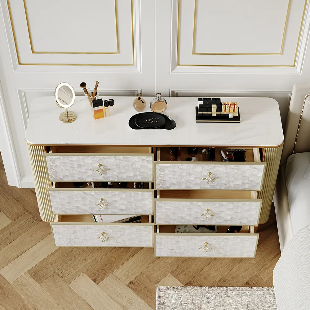 Art Deco 6 Drawer Dresser Capiz Shell Beige Chest Storag Cabinet with Sintered Stone Top — image 4