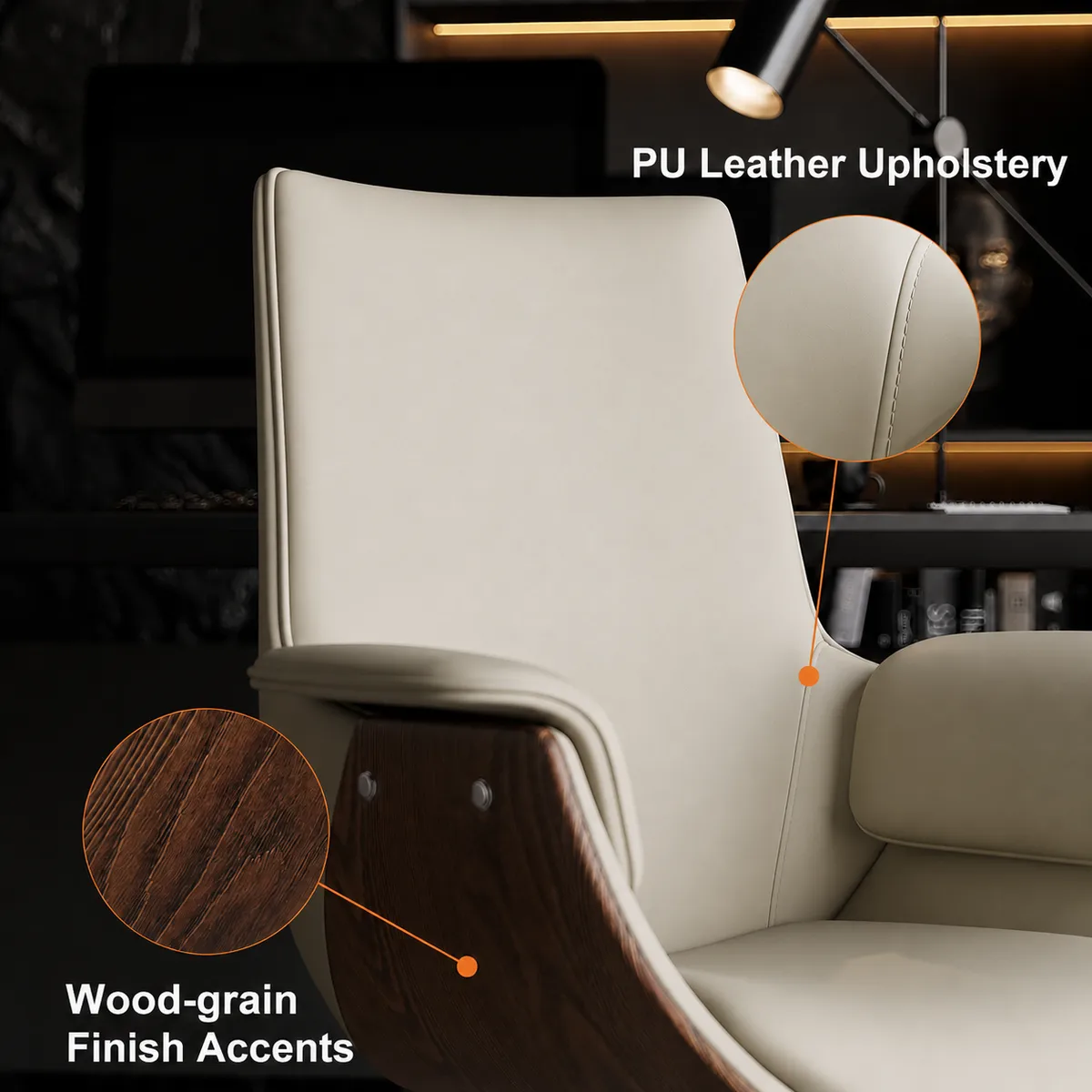 White Double Desk with Drawers & 2 Ivory PU Leather Modern Home Office Chairs — image 17