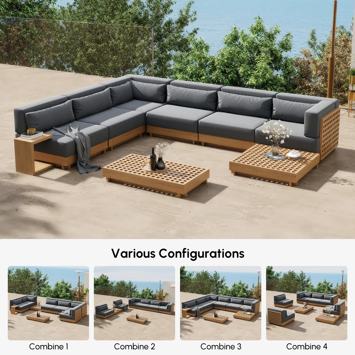 Grida 9-Piece Teak Luxury Modular L-Shaped Outdoor Patio Sectional Sofa Set in Gray with Coffee Table and Cushions — image 16