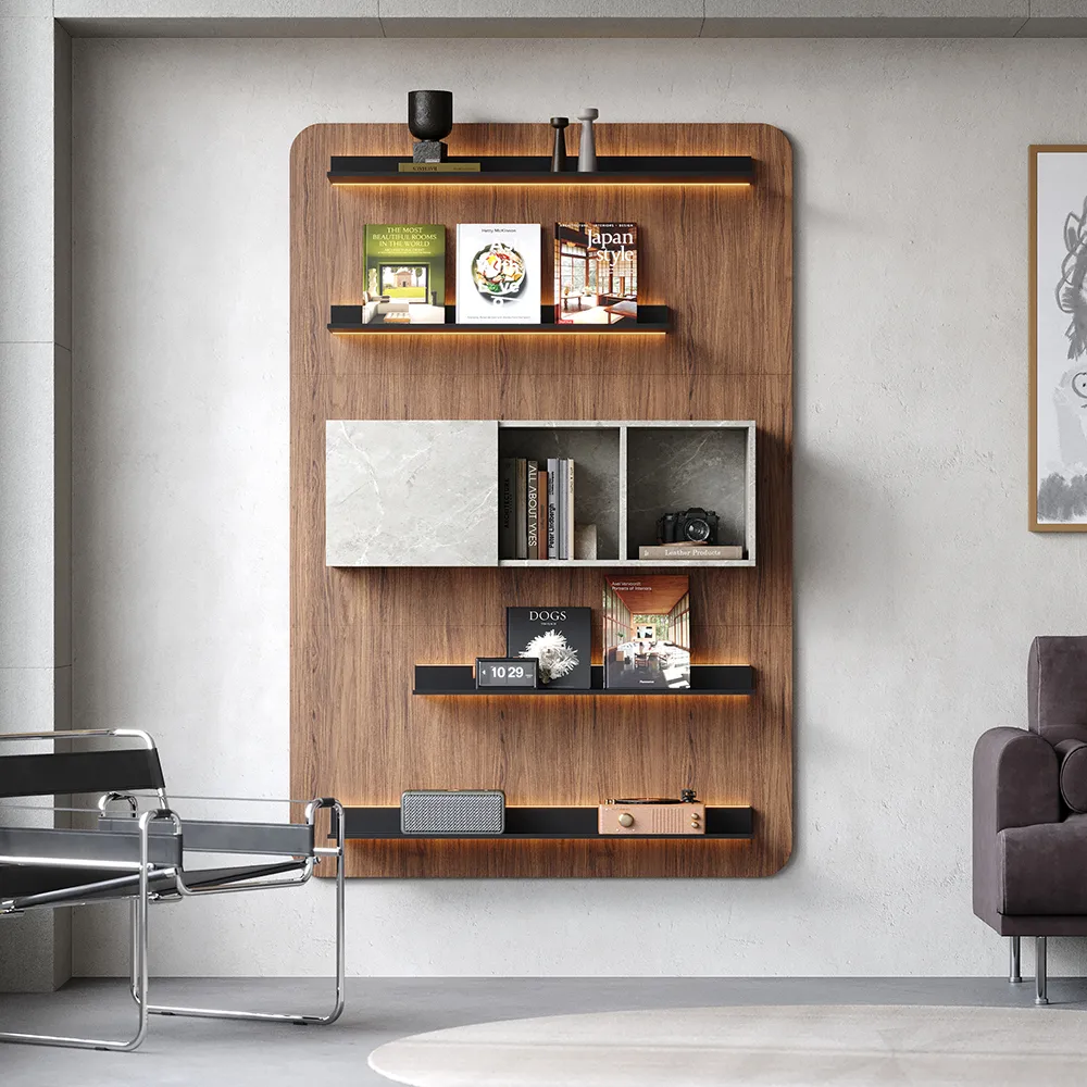 5-Tier Modern Walnut Floating Bookshelf with Storage and LED Bookcase — image 2