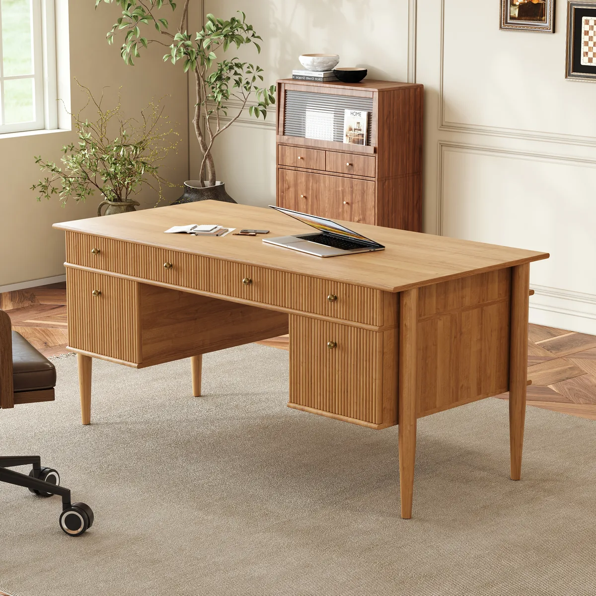 Mid-Century Solid Wood Home Office Desk with 6 Drawers — image 12