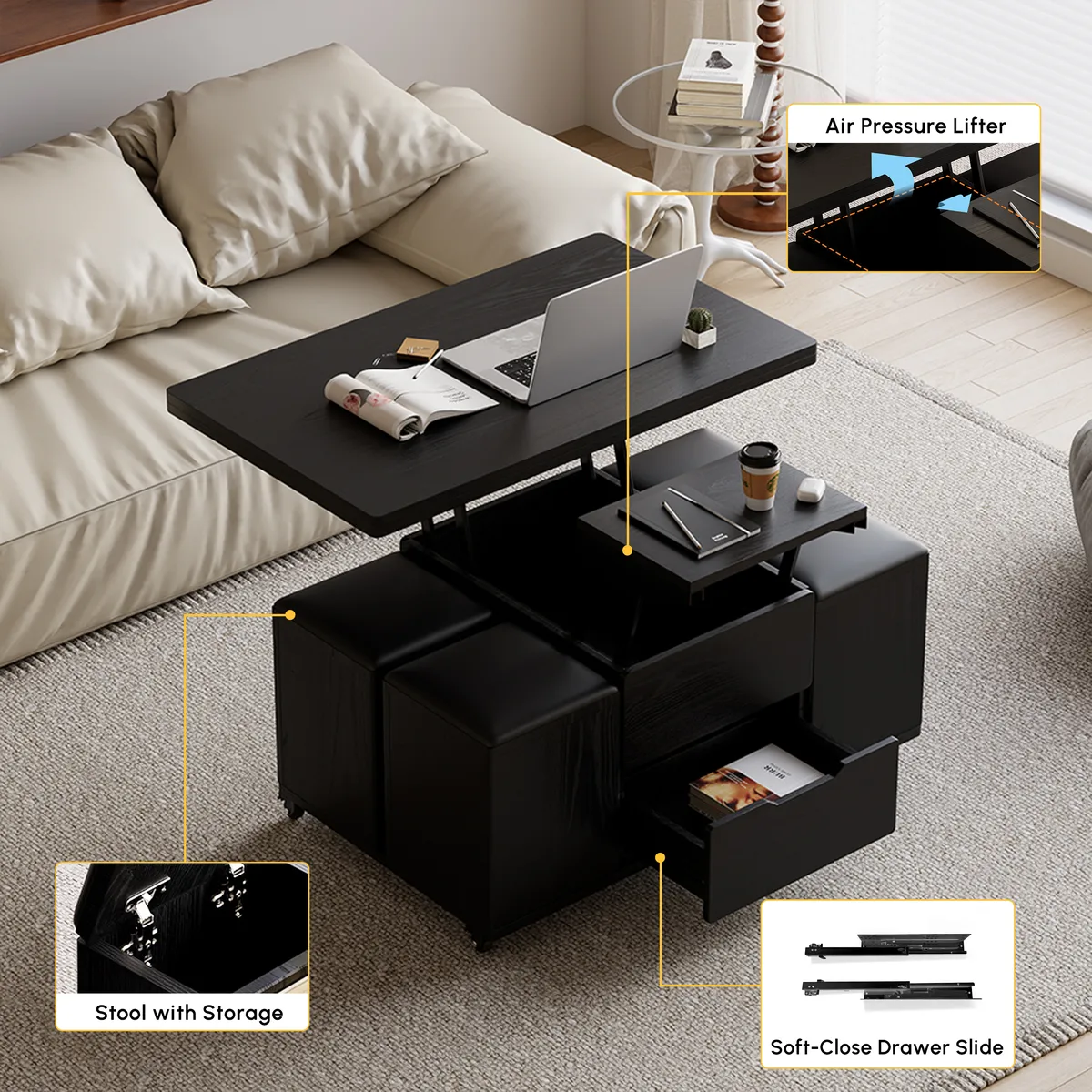 Modern Walnut Lift Top Coffee Table 4 in 1 with Storage Ottoman Foldable and Casters — image 9