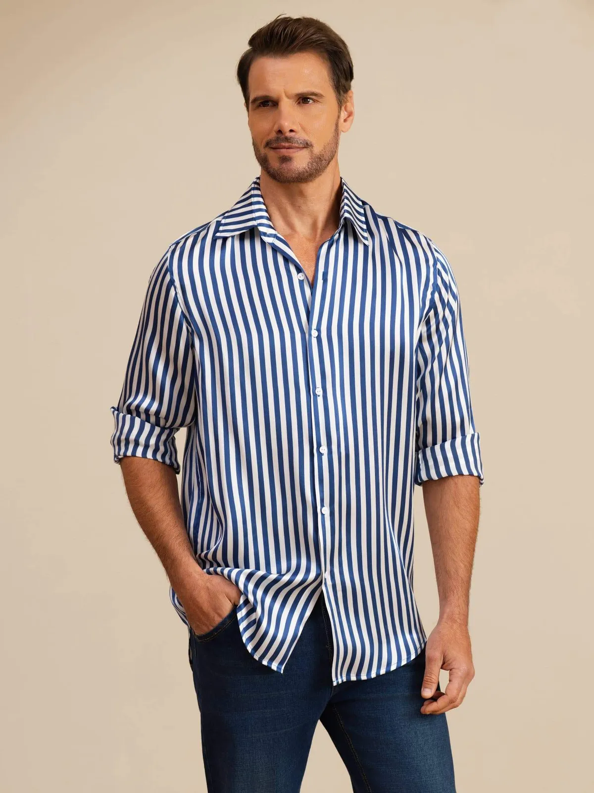 19Momme Silk Men's Long Sleeve Lapel Collar Stripe Print Shirt — image 5