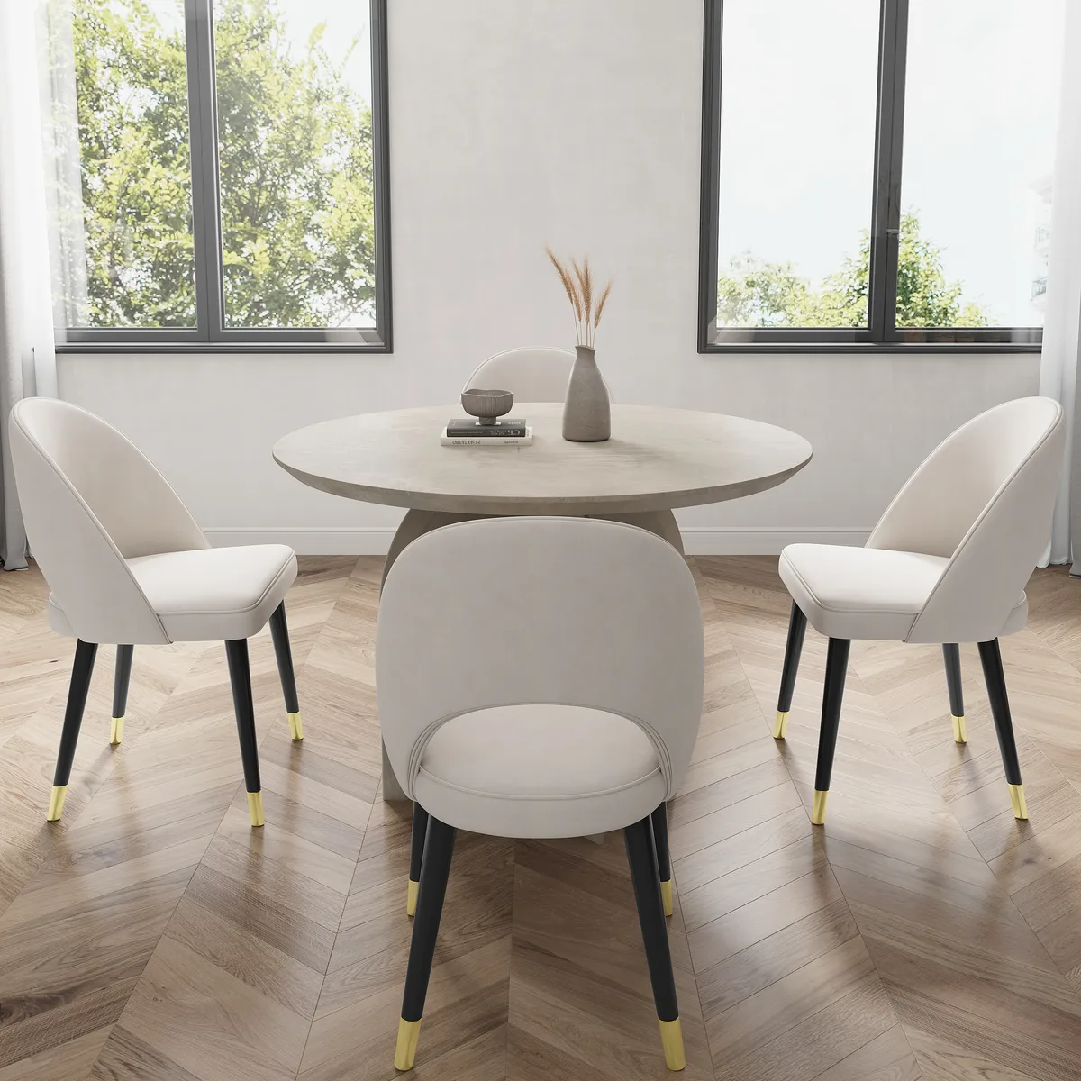 Dining Table Set 39.4" Round Wood Dining Table & 4 Upholstered Light Gray Velvet Dining Chairs Modern — image 3