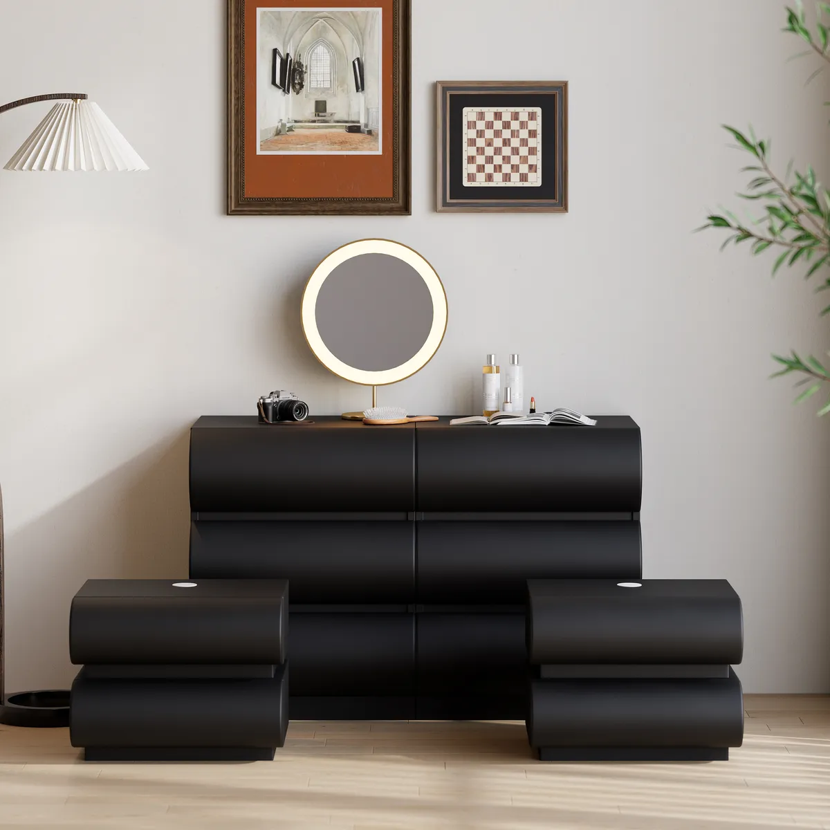 Bedroom Dresser & Nightstands Set Leather