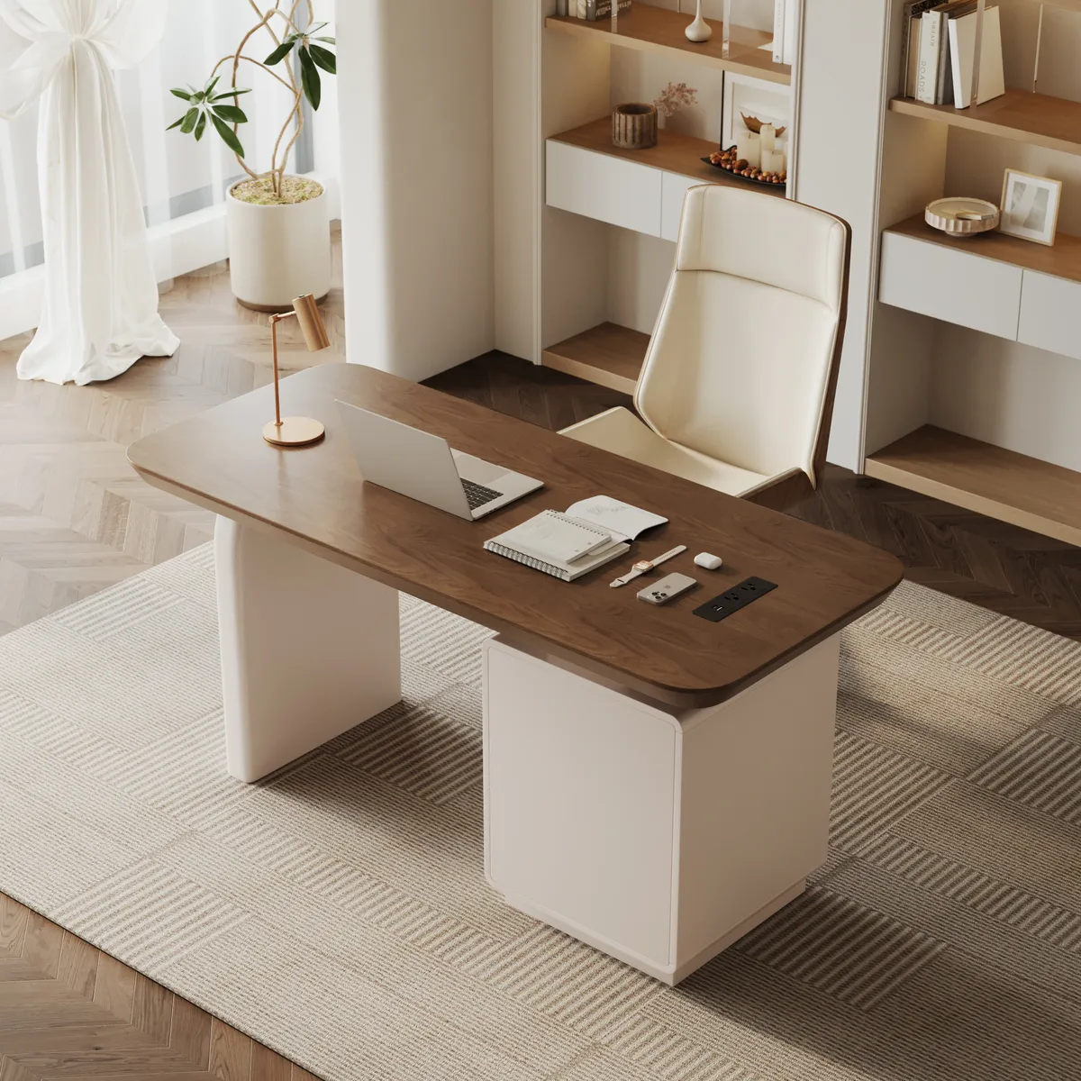 Modern 63” Rectangular Walnut Wood Desk with charging station & storage — image 4