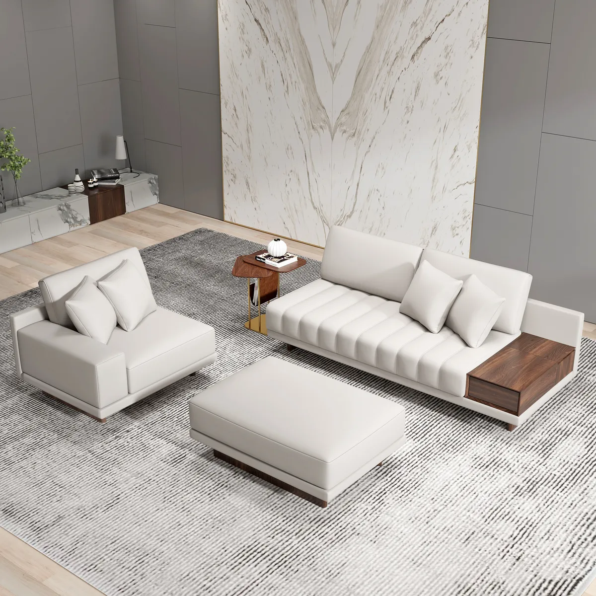 Modern Living Room Couch Set Fabric L-Shaped White Modular Sectional Sofa & Wood Block Coffee Table — image 12