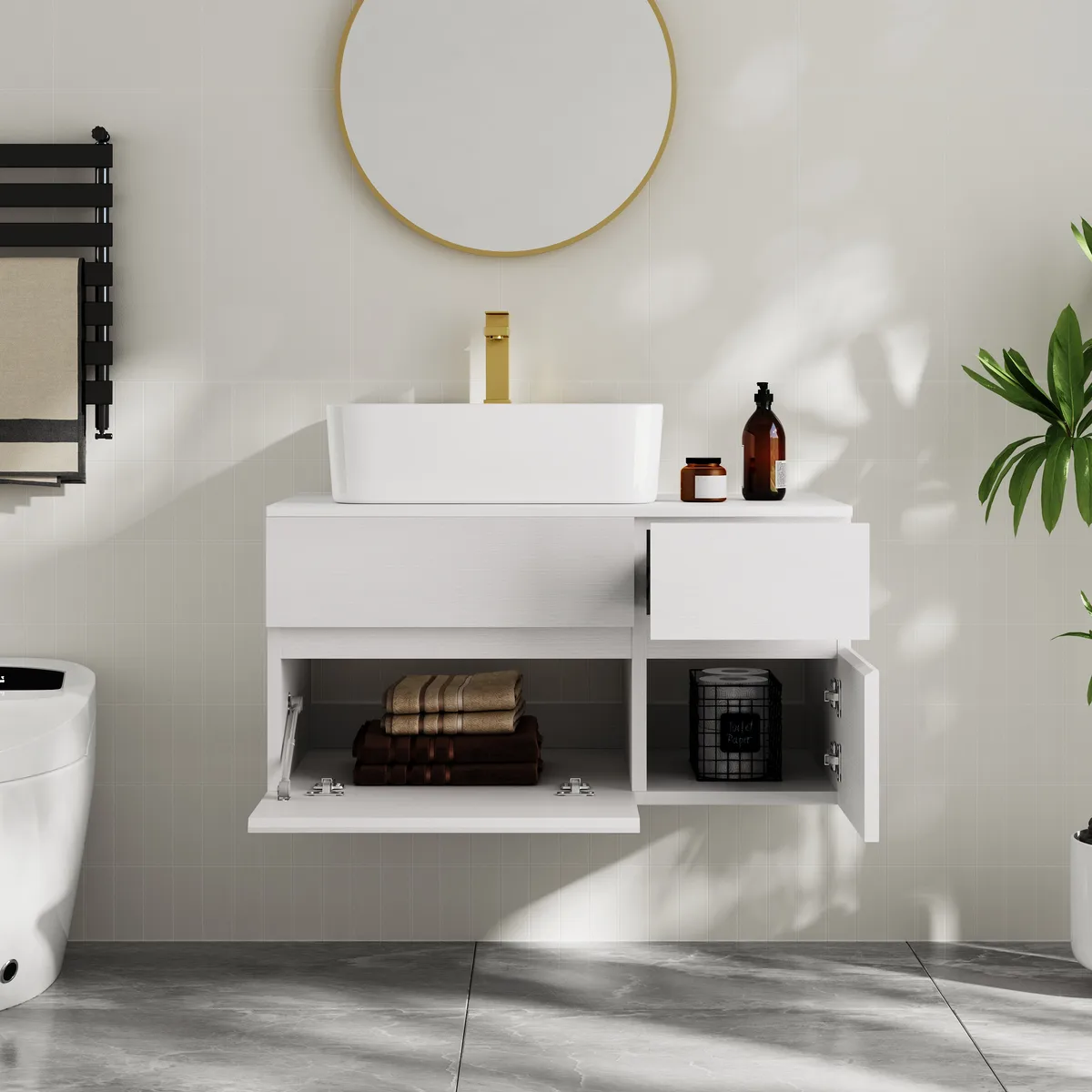 31.5" Walnut Floating Bathroom Vanity Left Offset Ceramic Vessel Sink — image 13
