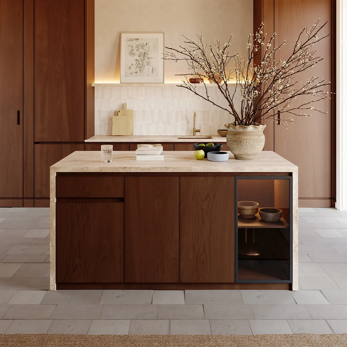 72" Waterfall Wood Kitchen lsland Fluted Panel Design with & Storage & LED Light — image 3