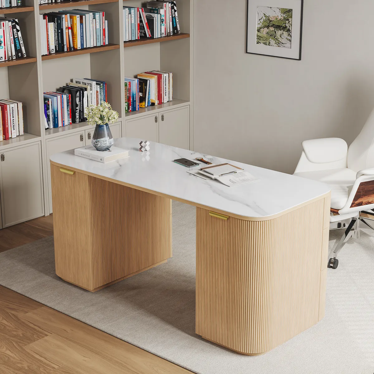 Walnut Ash Wood & Sintered Stone Rectangle Desk with 6 Drawers (63.8") — image 3