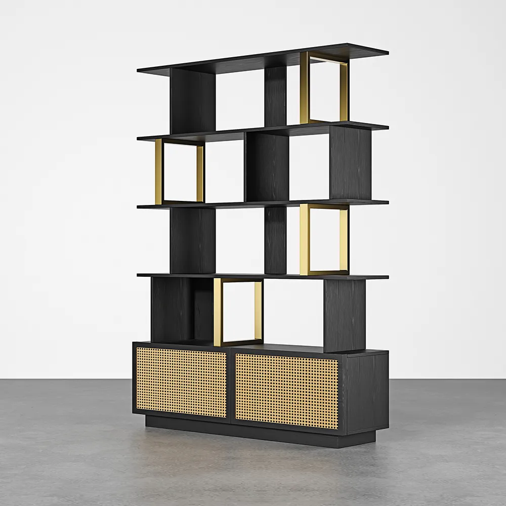5-Tier Black Wood Bookshelf with 2 Doors Modern Bookcase in Gold Finish — image 8