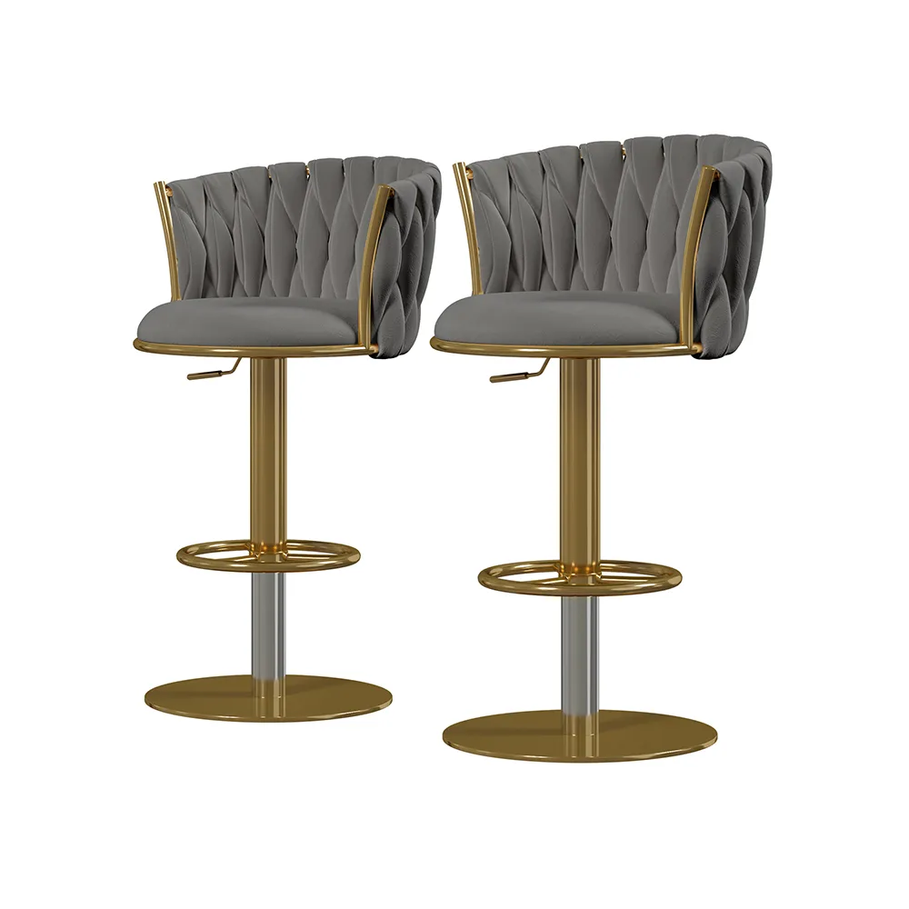 Sweave Set of 2 Gray Swivel Bar Stools Velvet Curved Back Adjustable Height — image 25