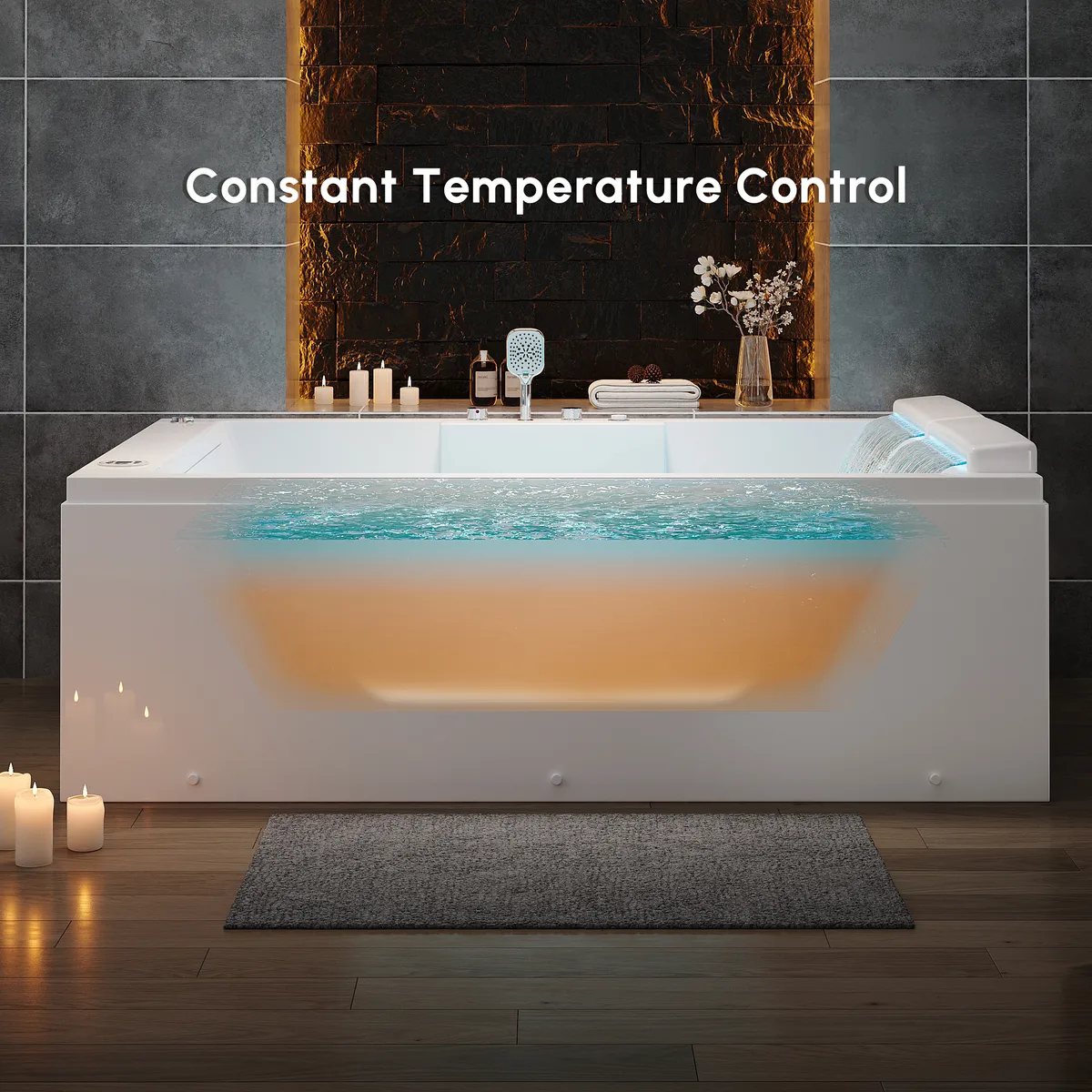 74.4" Acrylic Jetted Whirlpool Bathtub with Thermostat Control & LED-Lit Waterfall Pillow — image 5