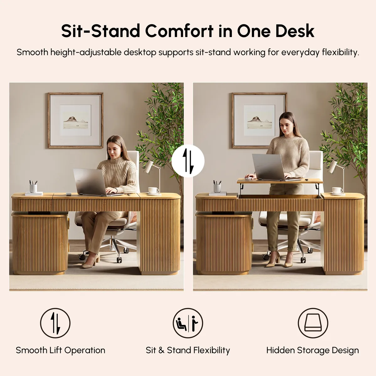 Modern 65" L-Shape Natural Executive Desk with Right-Side Cabinet — image 16