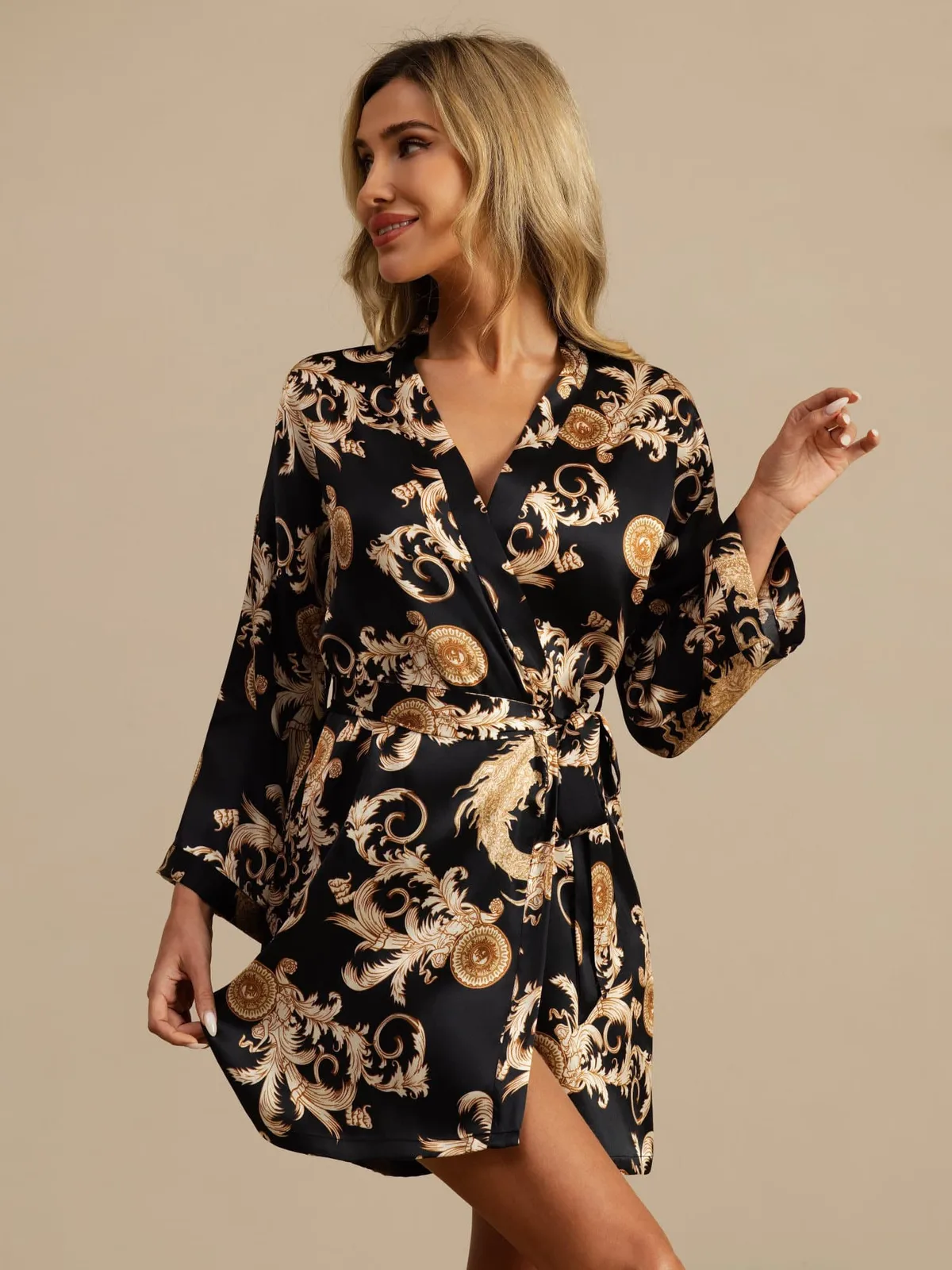 100% Mulberry Silk Dragon Print 3/4 Sleeve Women's Kimono Robe With Belt — image 3