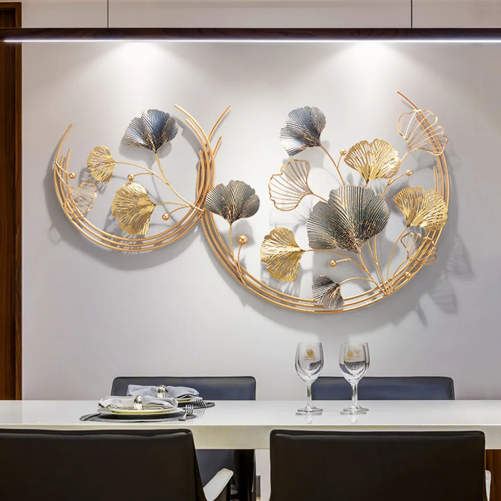 Modern 3D Hollow-out Ginkgo Leaves Wall Decor Home Metal Round Wall Art in Gold & — image 2