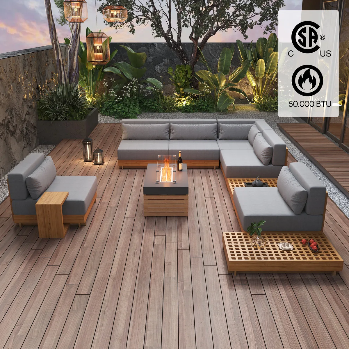 10 PCS Premium Teak Modular L-Shaped Outdoor Sofa Set with Fire Pit & Teak Coffee Table Large Outdoor & Patio Luxury Teak Sofa Set with Fire Pit — image 12