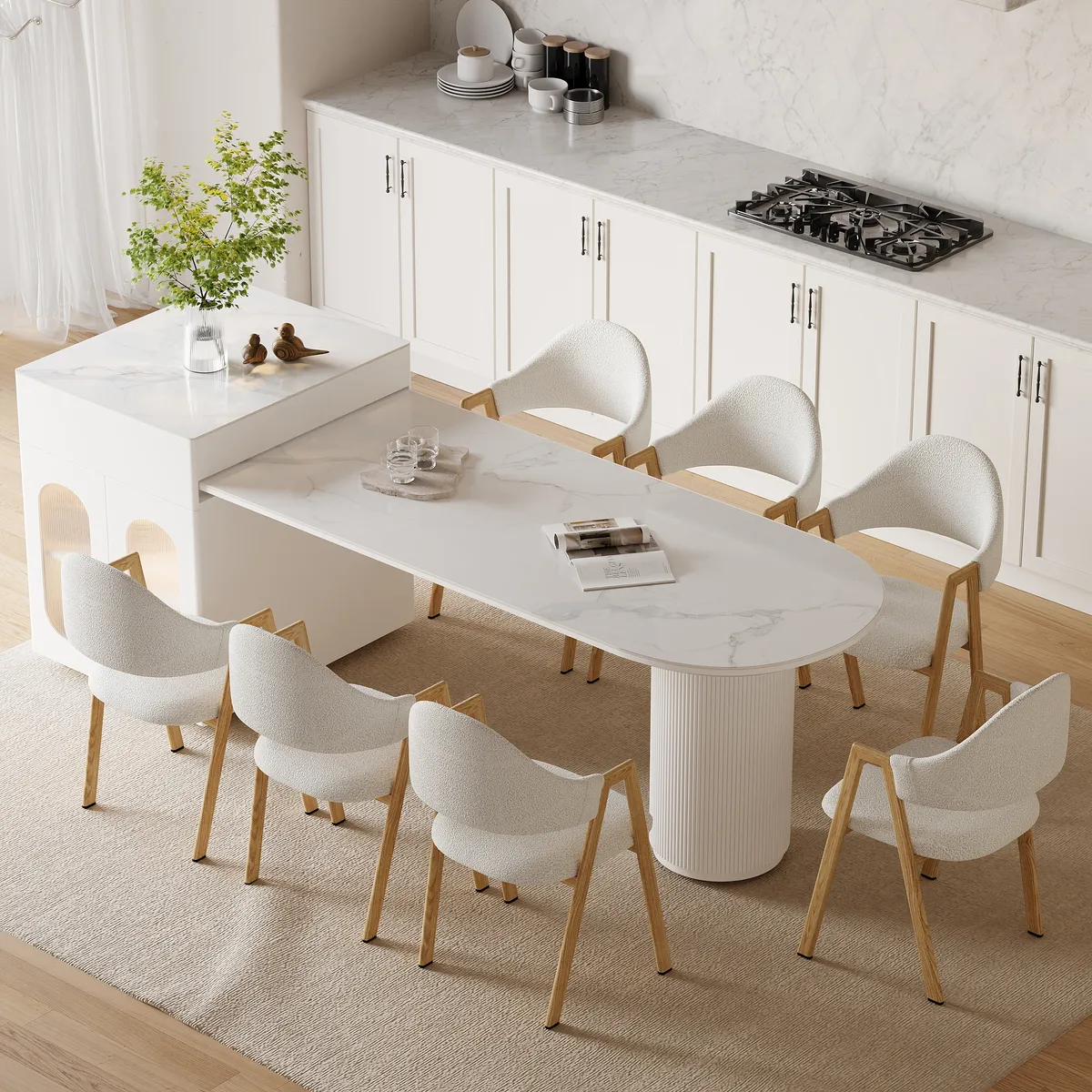 Expandable Kitchen Island with Marble-Pattern Sintered Stone Top 70.9"-82.7"