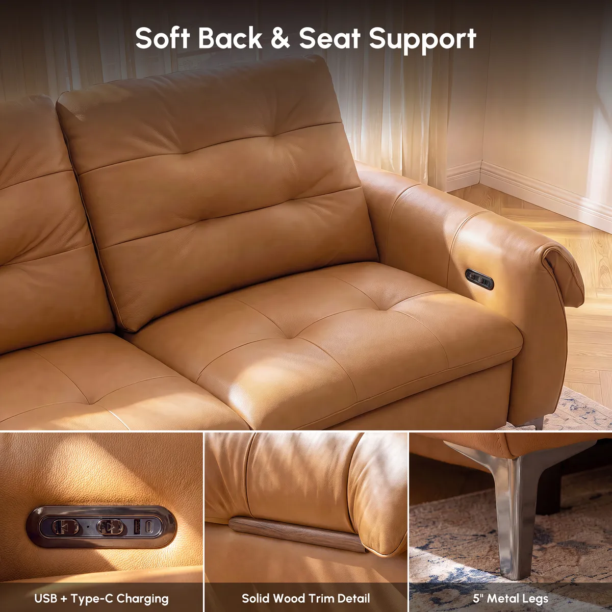118" 3-Seater Genuine Leather Power Reclining Sofa with USB & Type-C — image 18