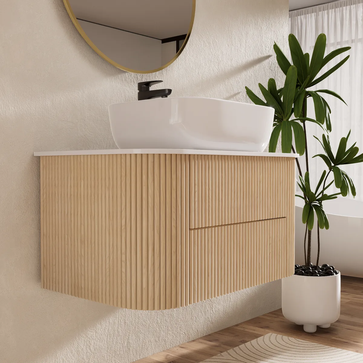 31.5" Floating Fluted Wall mounted Bathroom Vanity Set Cultured Marble Top with Vessel Single Sink & 2 Drawers — image 4