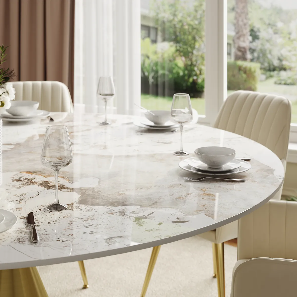 39" Pandora Faux Marble Round Dining Table with Glossy Gold Base for 4 People — image 27