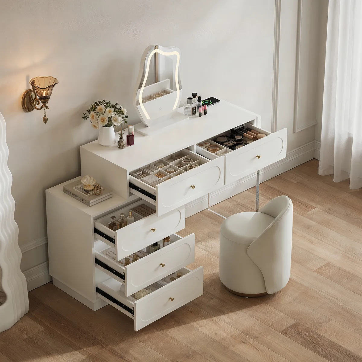 Krila White Makeup Vanity with LED Mirror & Charging Station (40"–55") — image 3