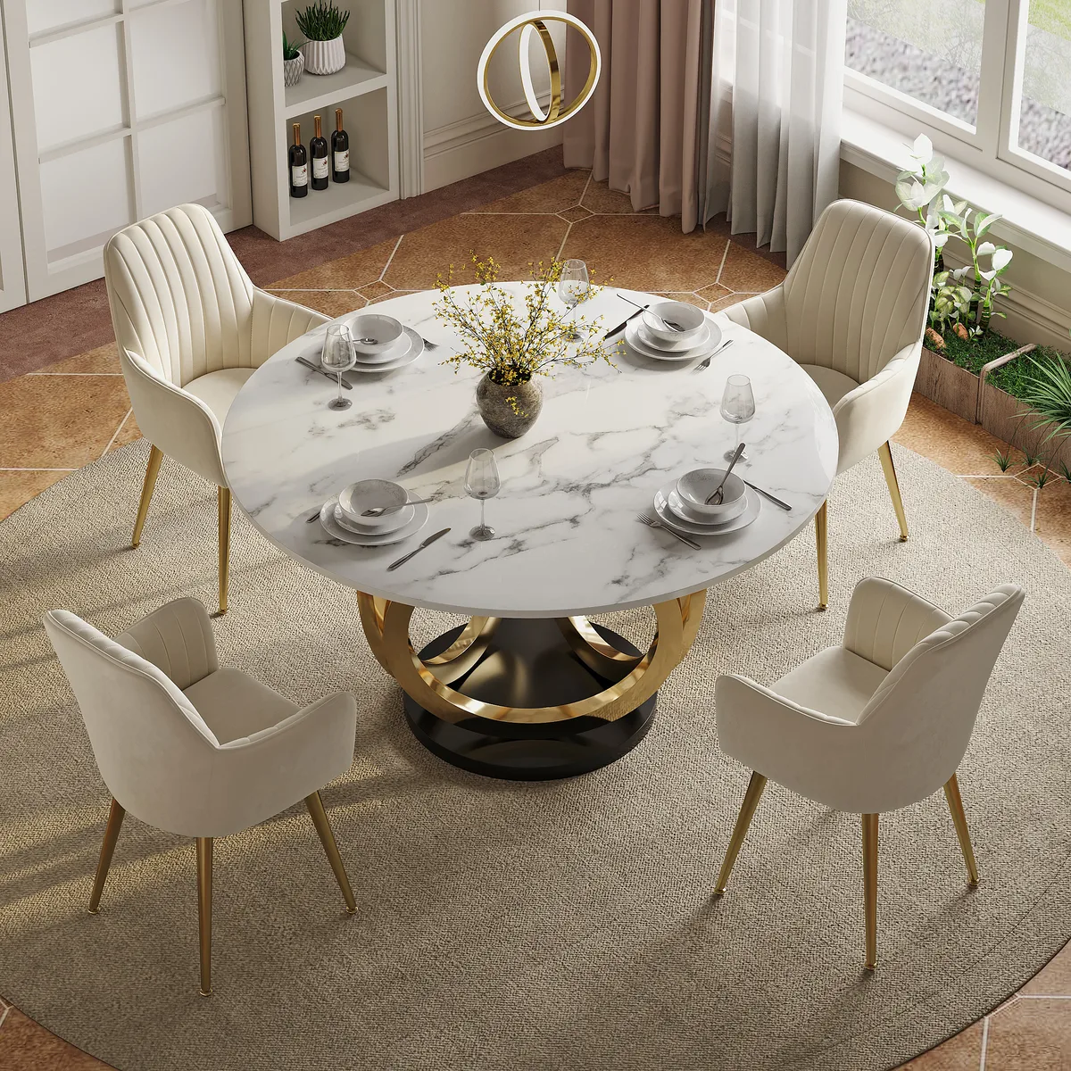 Dining Table Set 53.1" Faux Marble Dining Table White with 4 Velvet Chairs Modern