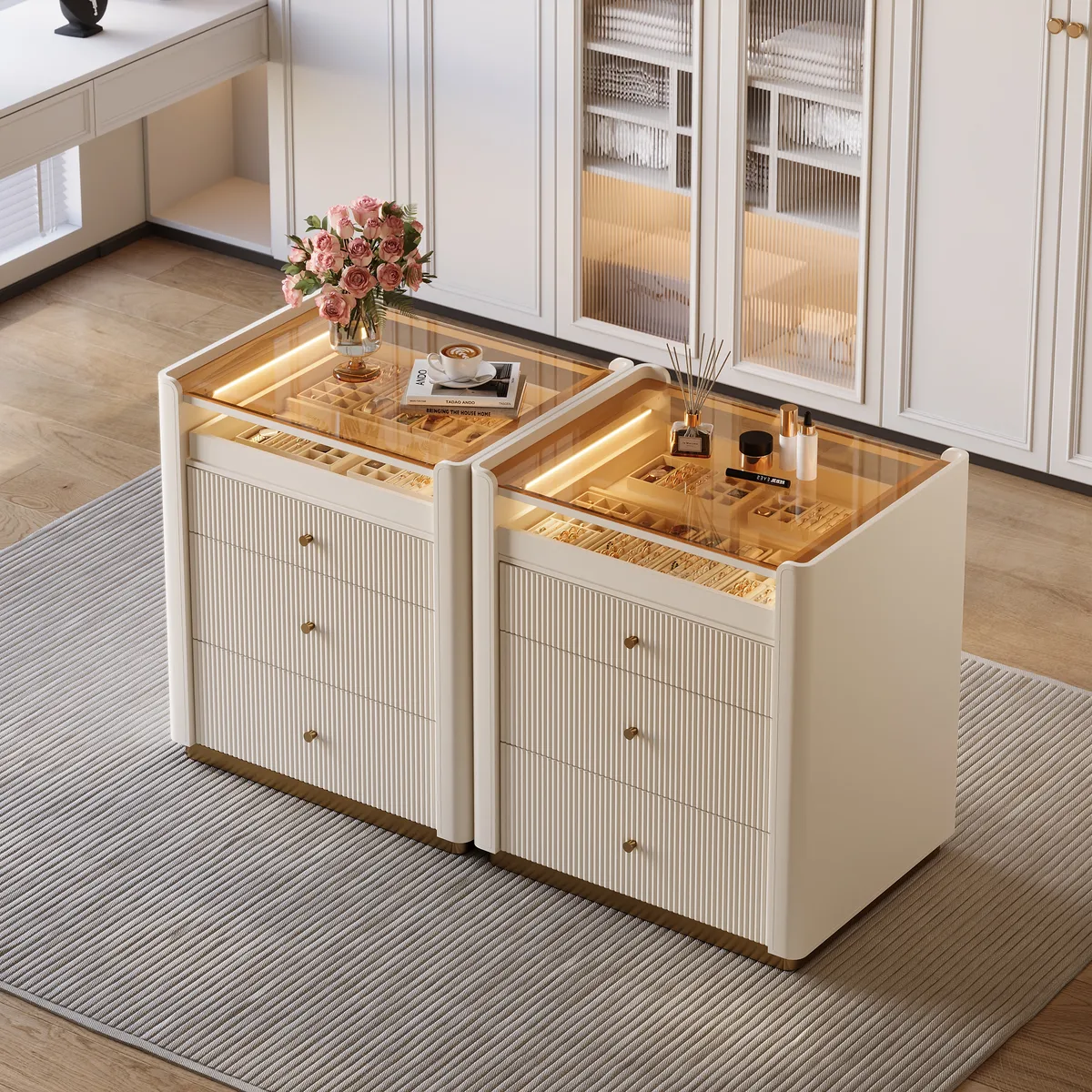 Modern Fluted Leather Closet Island 7 Drawer Dresser with Light & Jewelry Storage — image 9