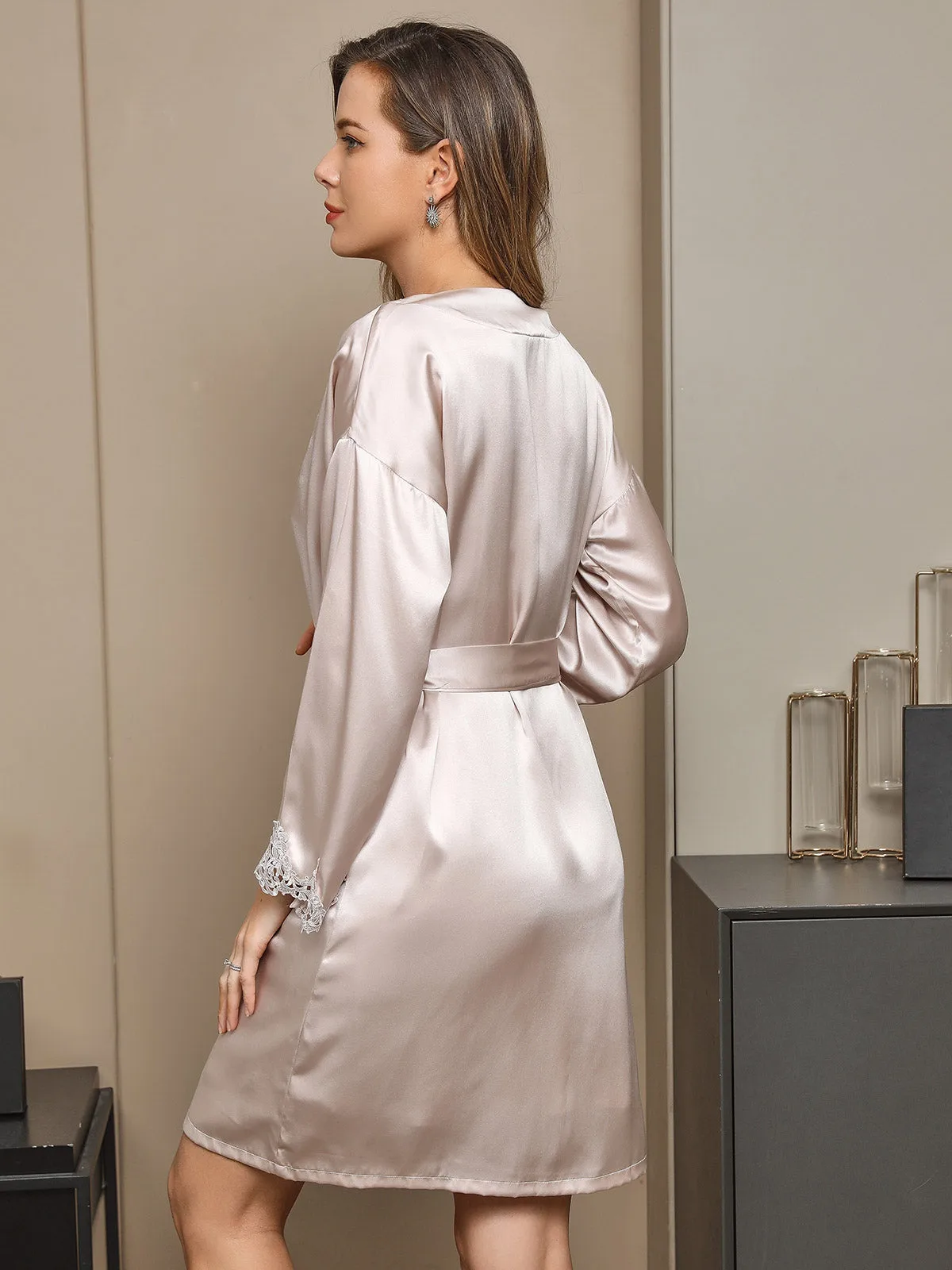 100% Mulberry Silk Lace Short Nightgown&Robe Set with Split Design — image 3