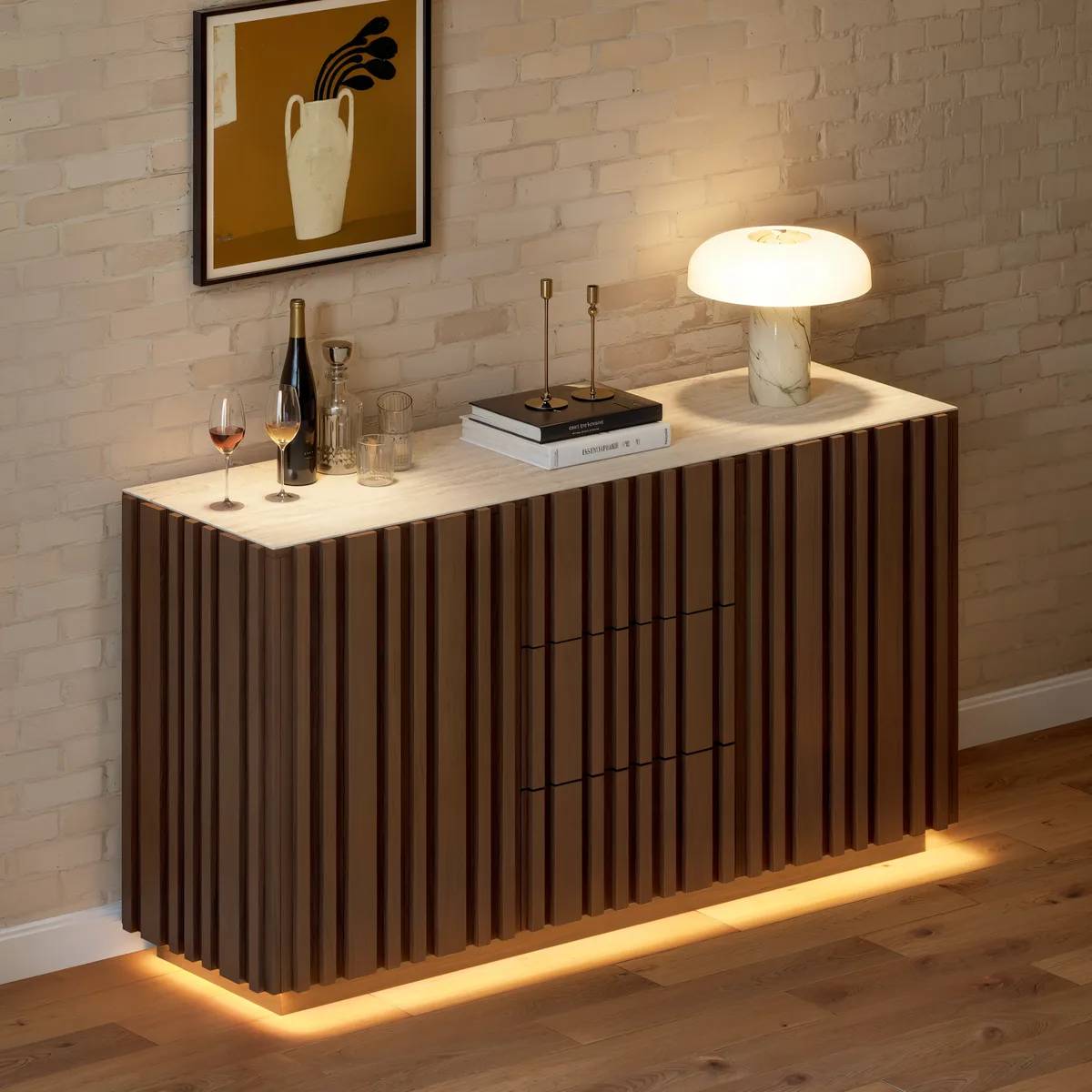 Aura 60" Faux Travertine Top Buffet Sideboard with Ash Wood Slatted Panels & Light — image 12