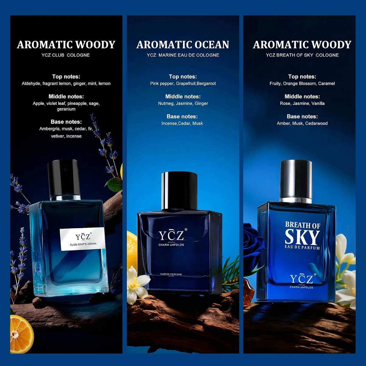 3 Pack Men's Cologne Gift Set, Ocean Sky Club, 1.7 Fl Oz Each Woody Citrus Cologne, Long Lasting Perfume, Ginger, Mint, Lemon, Cedarwood, Gift Box, Daily, Office. — image 5