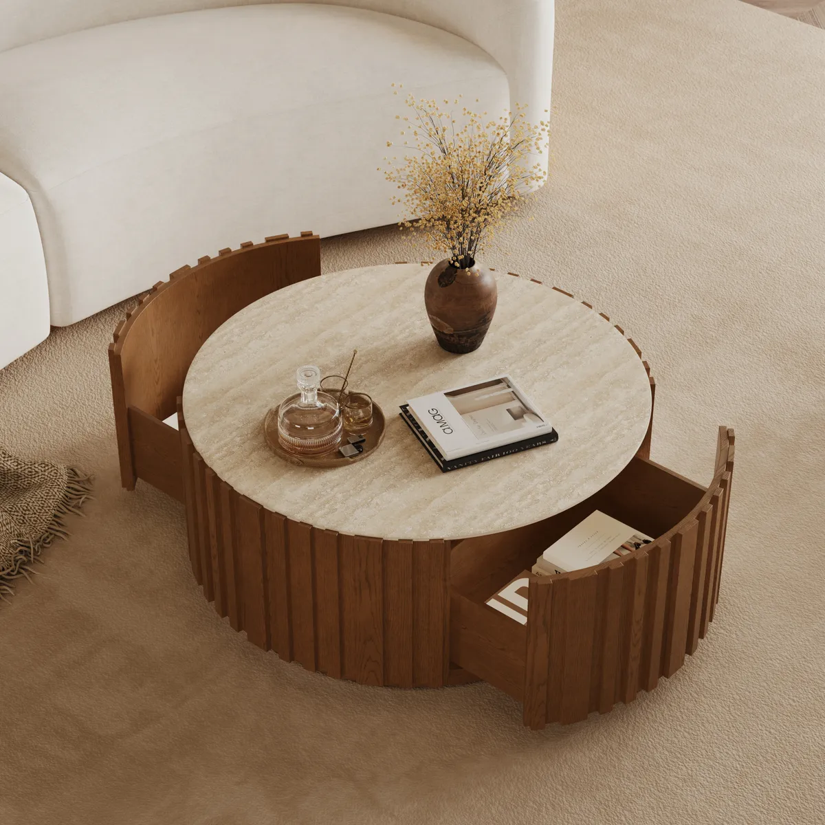 Aura 35" Ash Wood Slatted Round Coffee Table with Sintered Stone Top — image 13