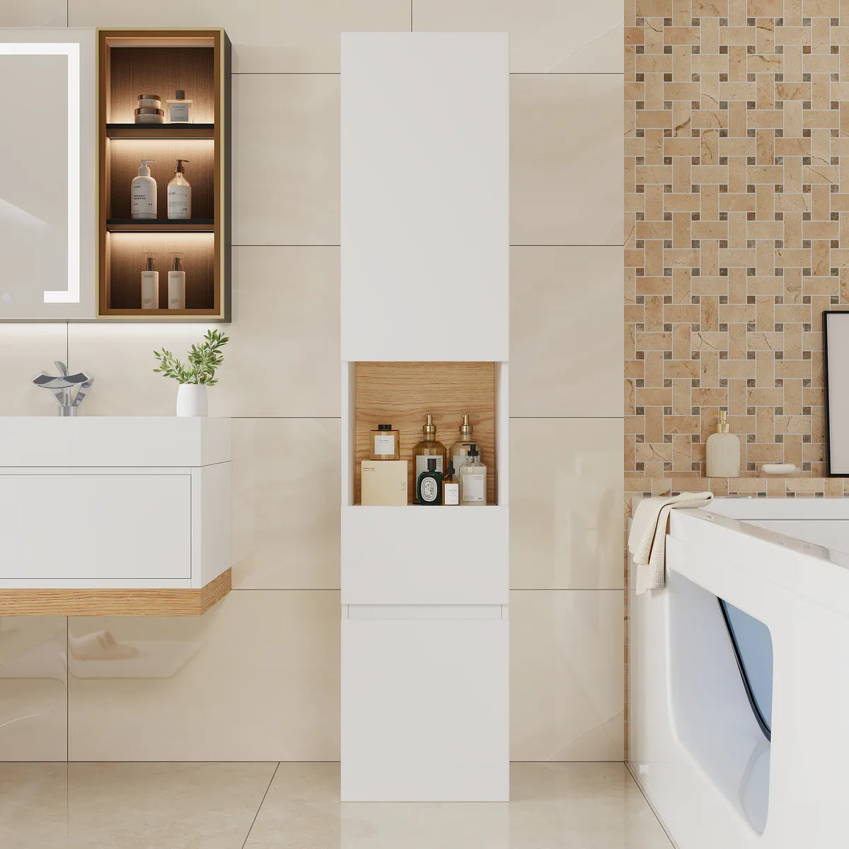 Homary Bathroom Cabinet | High Cabinet Natural & White - 13.8" x 13.8" x 63", With Drawers — image 4