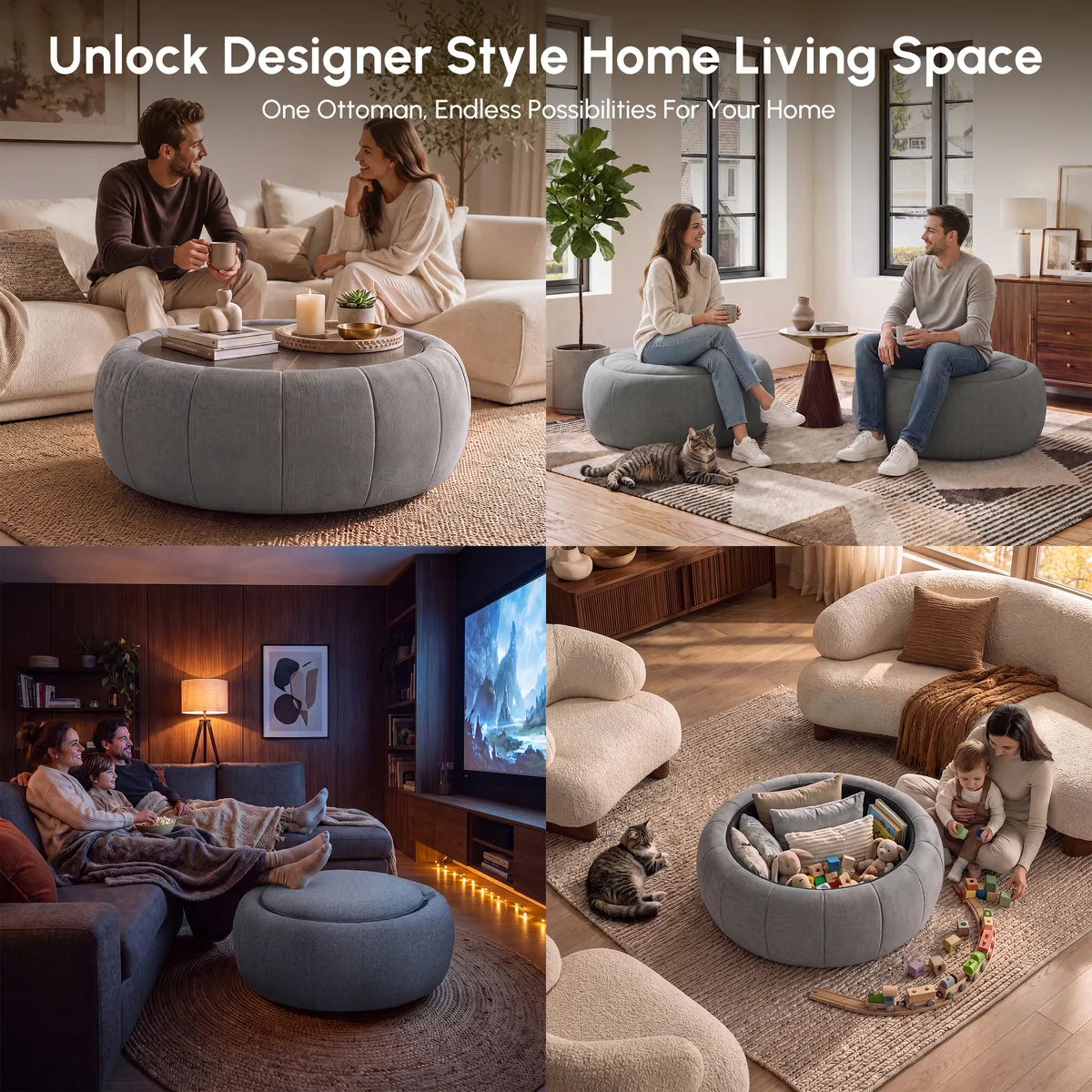 Modern 39" Round Performance Leather Ottoman Coffee Table with Hidden Storage — image 8