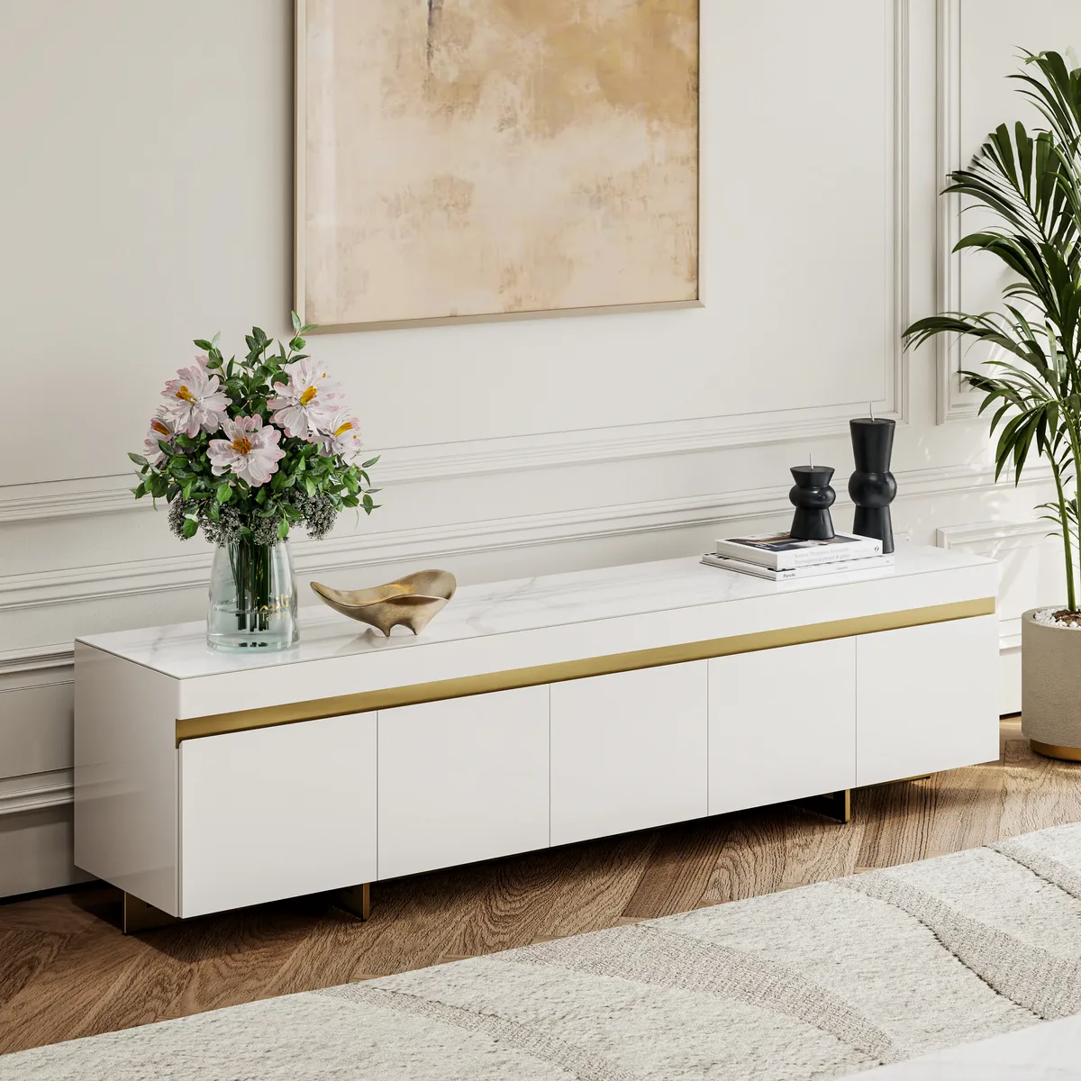 86" White Sintered Stone Top TV Stand with 4 Drawers