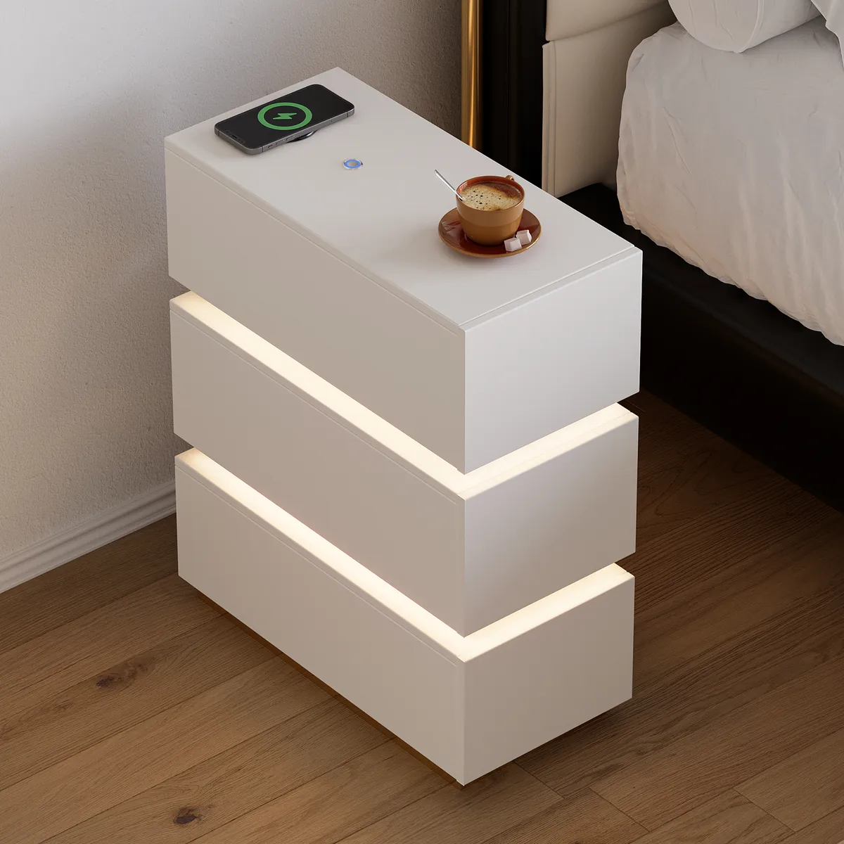 Narrow Smart 3-Drawer Nightstand with Charging Station Bedside Table with Light — image 3