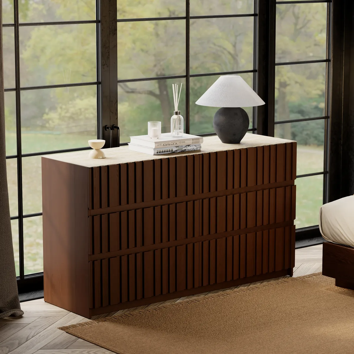 Aura 59" Walnut Sintered Stone 6-Drawer Dresser with Lighting — image 13