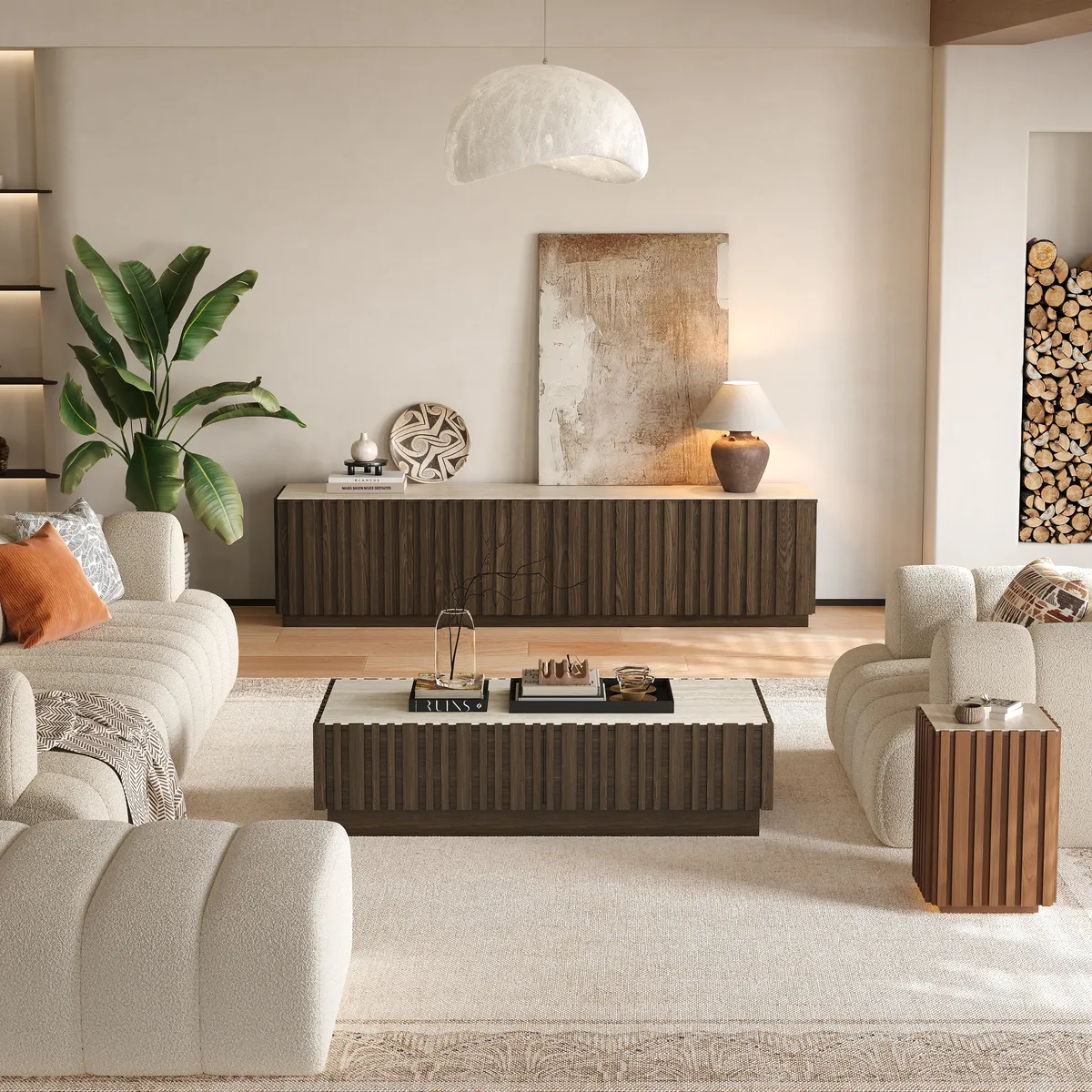 Aura 83" Ash Wood Fluted Smoked Brown TV Stand with Sintered Stone Top — image 6