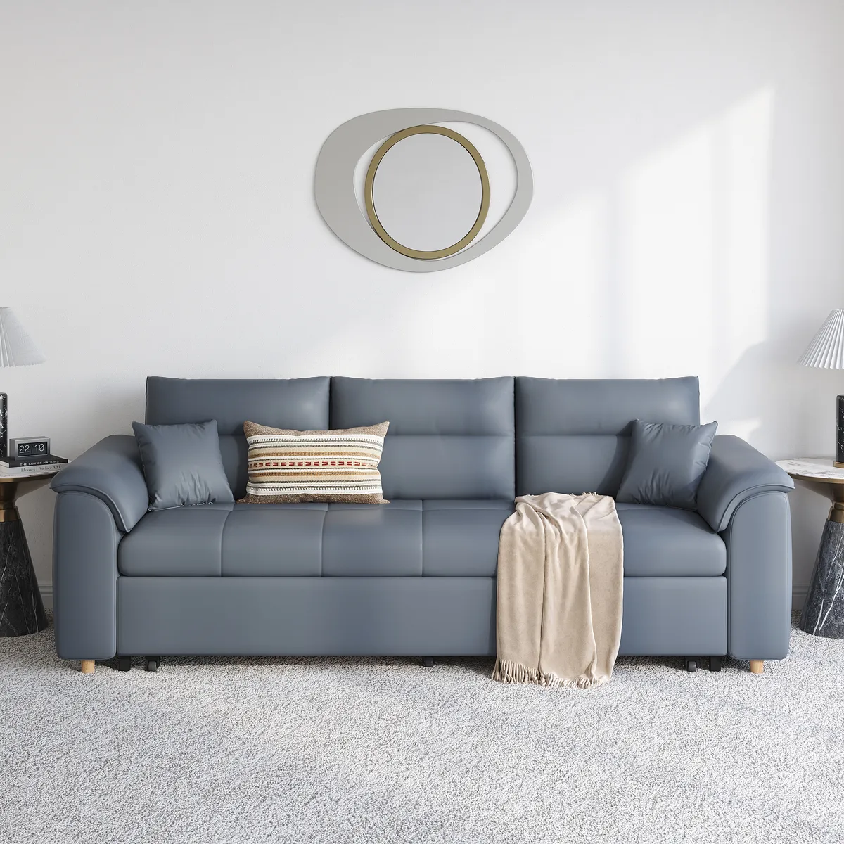 Leather Queen Size Sleeper Sofa with Trundle Pull Out Sofa Bed — image 5
