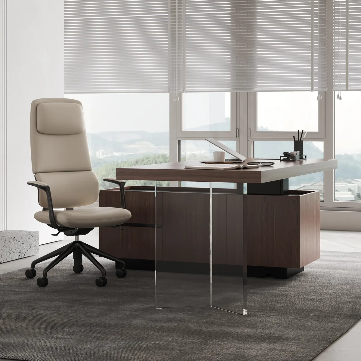 Ergonomic Grey Genuine Leather High Back Reclining Swivel Office Desk Chair — image 3