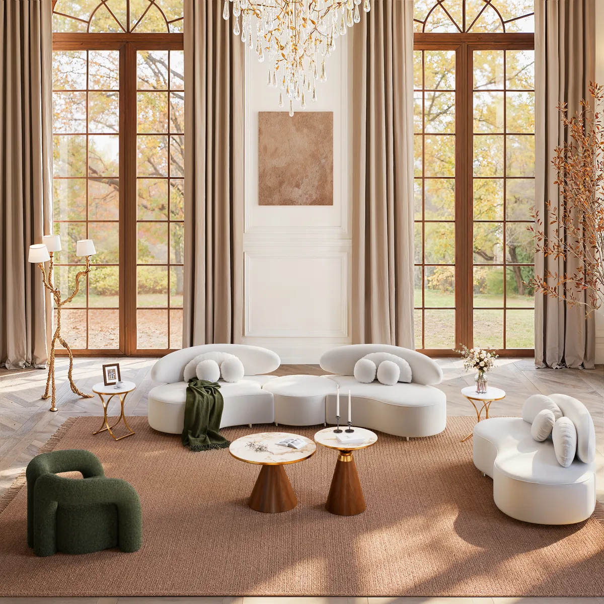 Modern 7 Seat Sectional Sofa Curved Modular Beige Velvet Upholstered with Ottoman — image 4