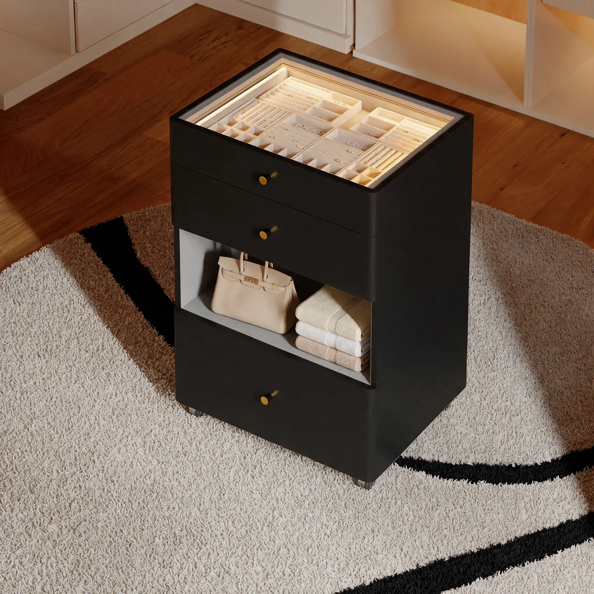 Walk-In Closet Island Jewelry Dresser with Glass Top & Light