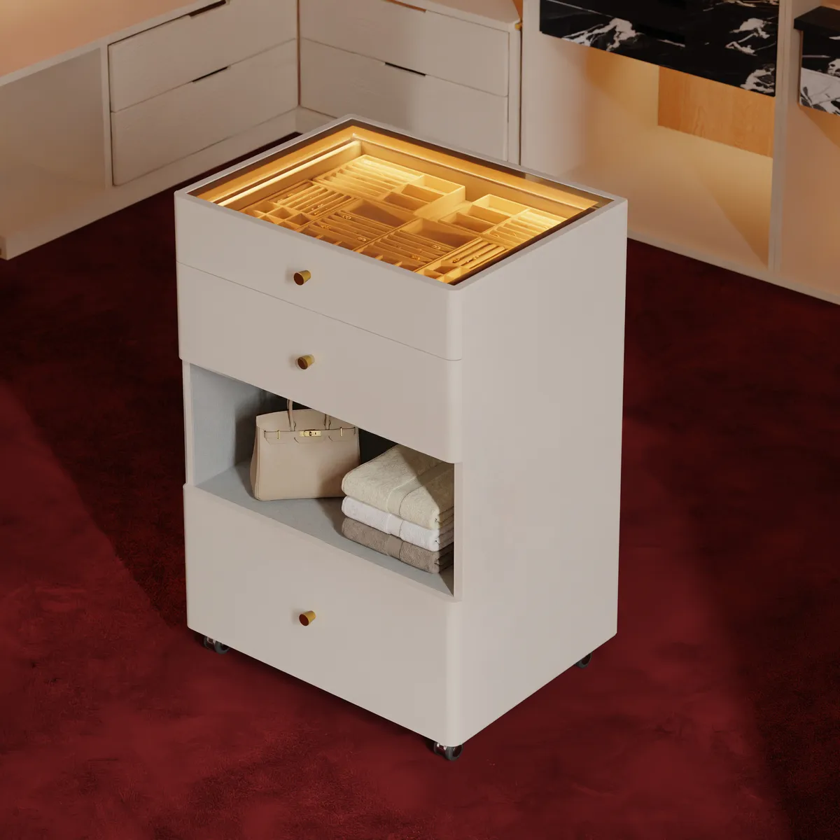 Walk-In Closet Island Jewelry Dresser with Glass Top & Light — image 14