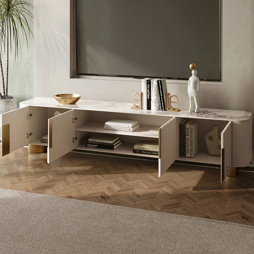 78.7" Stone Top Beige & Gold TV Stand with 4 Doors and Storage — image 4