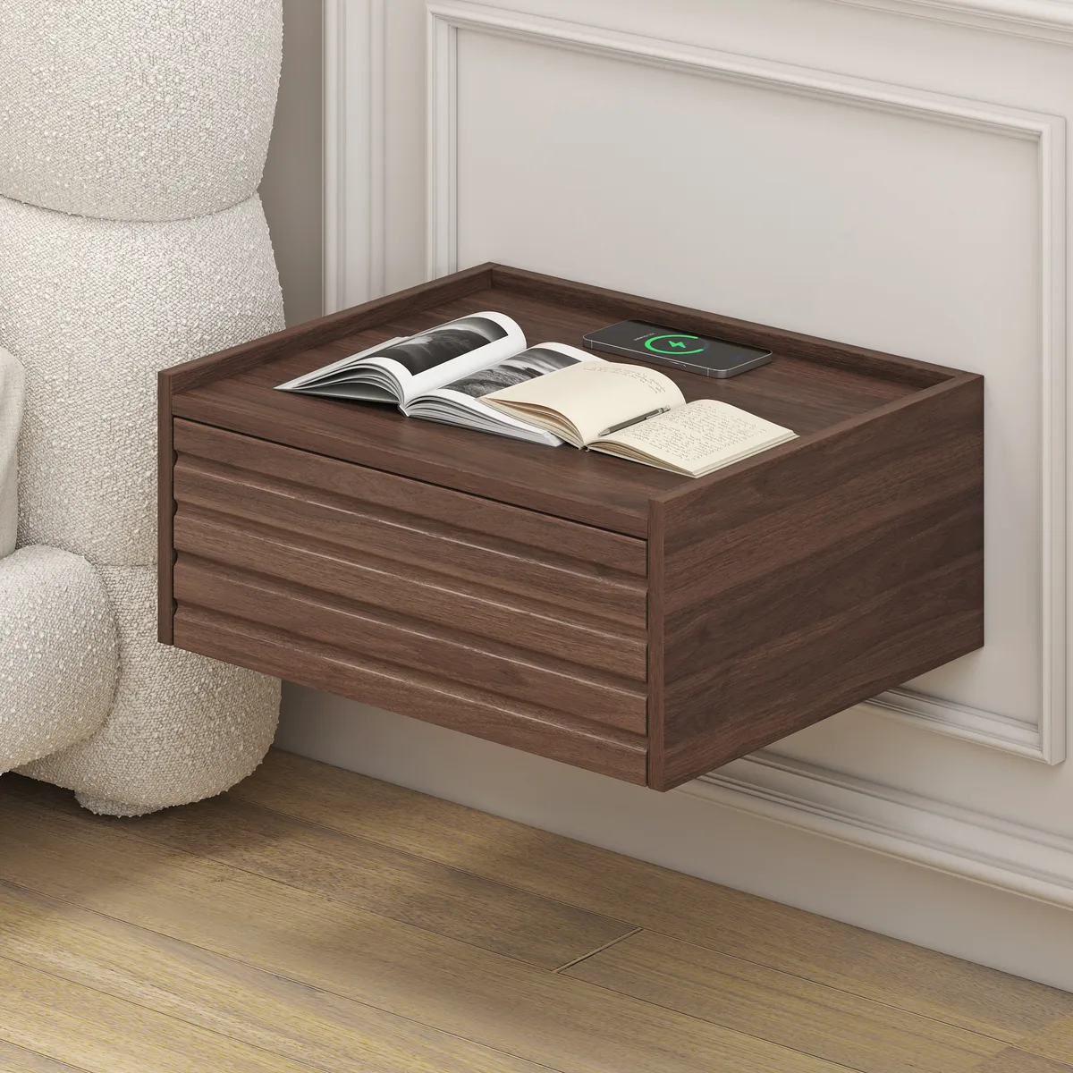 Wooden Floating Nightstand Modern Bedside Table with Charging Station — image 12