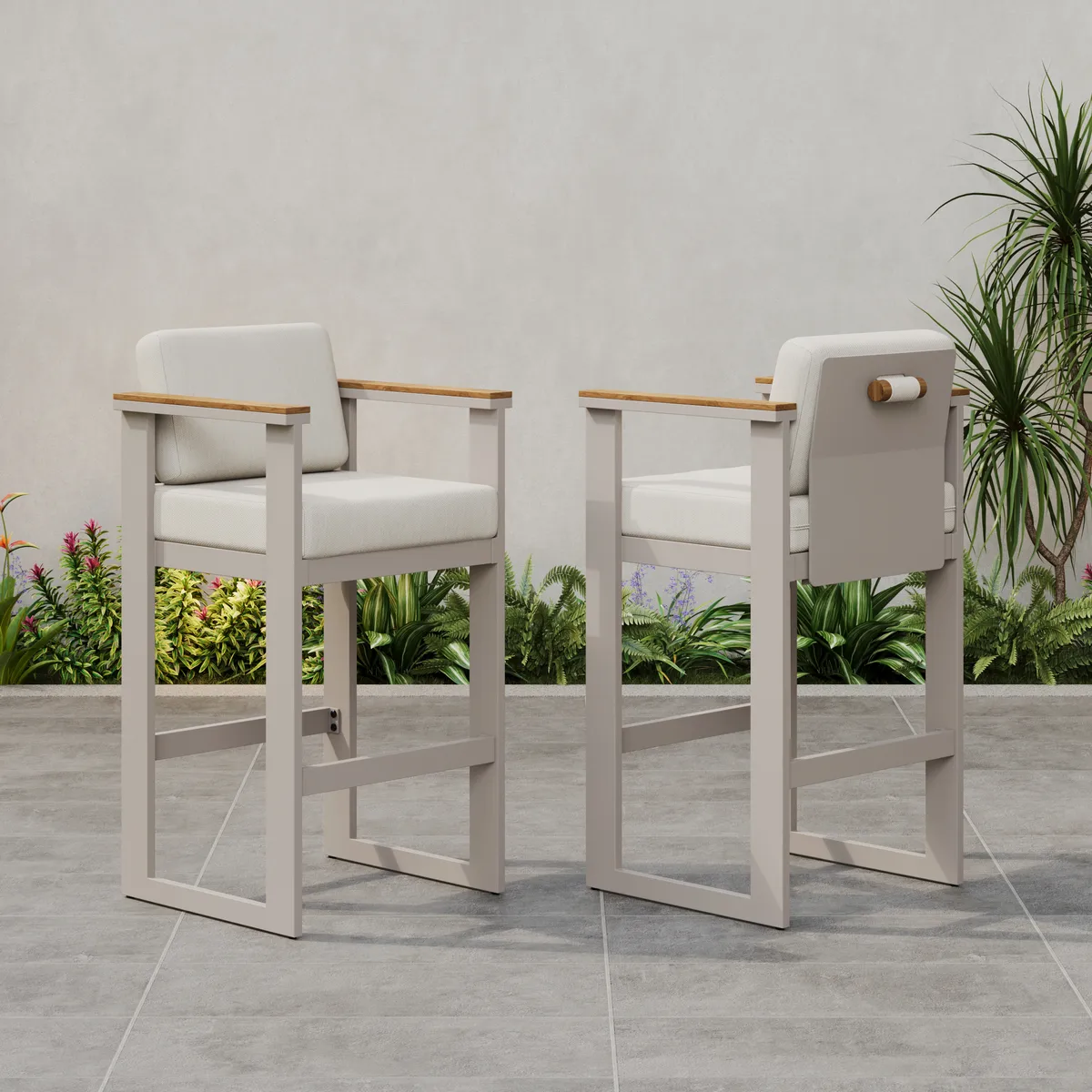 Tevara Outdoor Aluminum Frame & Teak Wood Armrest Bar Stools — image 11