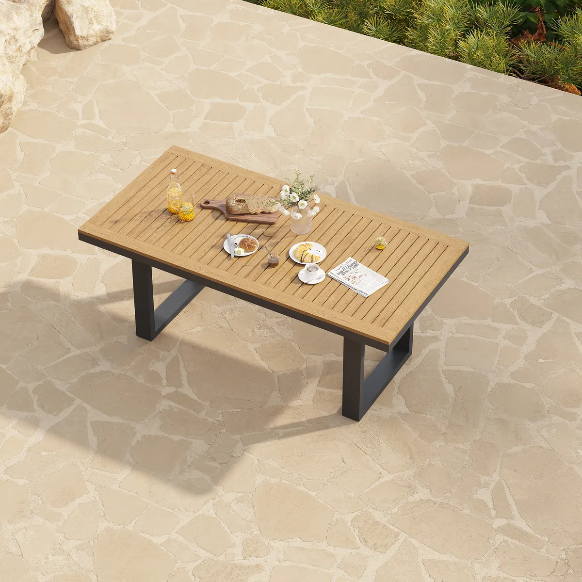 Tevara 6-Person Rectangle Teak & Aluminum Outdoor Patio Dining Table